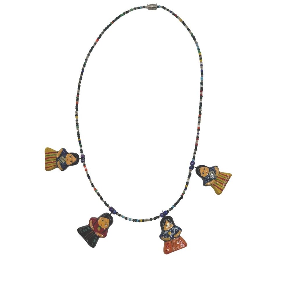 Handmade Beaded Necklace w/Painted Folk Doll Charms & Multicolor Beads